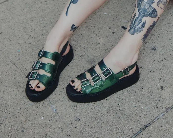 TUK Shoes Platforms Women Emerald Metallic 3Buckle Mondo Sandal TUK Shoes Platforms Women Emerald Metallic 3Buckle Mondo Sandal