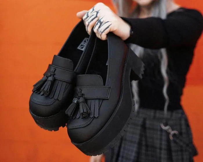 TUK Shoes Vegan Women Black TUKskin Fringe Loafer Platform TUK Shoes Vegan Women Black TUKskin Fringe Loafer Platform
