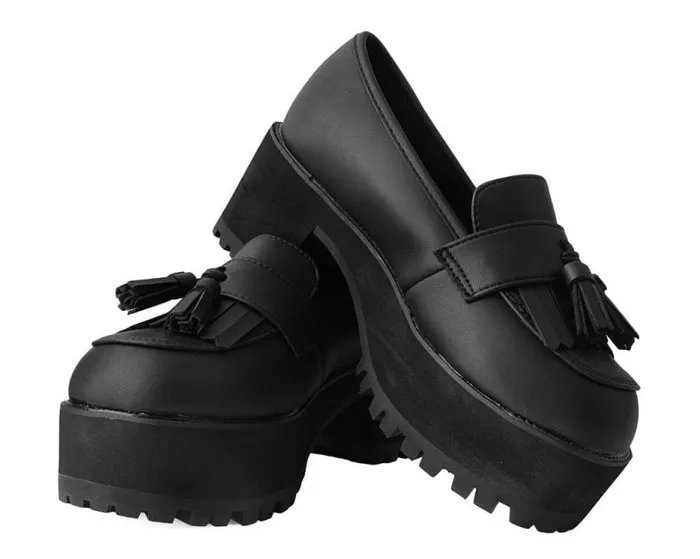 TUK Shoes Vegan Women Black TUKskin Fringe Loafer Platform TUK Shoes Vegan Women Black TUKskin Fringe Loafer Platform