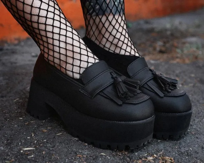 TUK Shoes Vegan Women Black TUKskin Fringe Loafer Platform TUK Shoes Vegan Women Black TUKskin Fringe Loafer Platform