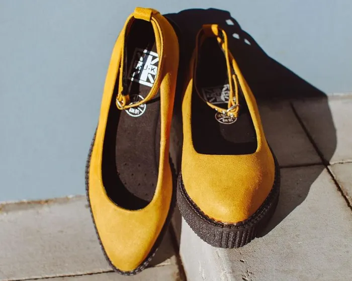 TUK Shoes Vegan Women Mustard Faux Suede Pointed Ballet Ankle Strap Creeper TUK Shoes Vegan Women Mustard Faux Suede Pointed Ballet Ankle Strap Creeper