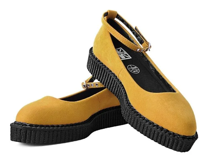 TUK Shoes Vegan Women Mustard Faux Suede Pointed Ballet Ankle Strap Creeper TUK Shoes Vegan Women Mustard Faux Suede Pointed Ballet Ankle Strap Creeper