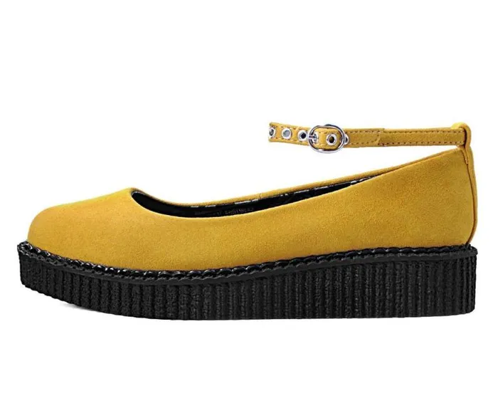 TUK Shoes Vegan Women Mustard Faux Suede Pointed Ballet Ankle Strap Creeper TUK Shoes Vegan Women Mustard Faux Suede Pointed Ballet Ankle Strap Creeper