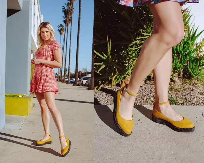 TUK Shoes Vegan Women Mustard Faux Suede Pointed Ballet Ankle Strap Creeper TUK Shoes Vegan Women Mustard Faux Suede Pointed Ballet Ankle Strap Creeper