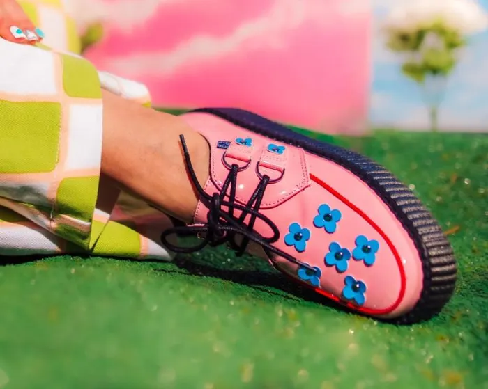 TUK Shoes Vegan Women Pink and Blue Patent Flower Viva Mondo Creeper TUK Shoes Vegan Women Pink and Blue Patent Flower Viva Mondo Creeper