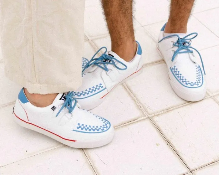 TUK Shoes Vegan Women White TUKskin Blue and Red Trim Interlace Sneaker TUK Shoes Vegan Women White TUKskin Blue and Red Trim Interlace Sneaker