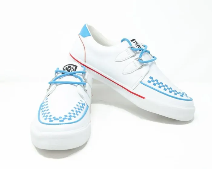 TUK Shoes Vegan Women White TUKskin Blue and Red Trim Interlace Sneaker TUK Shoes Vegan Women White TUKskin Blue and Red Trim Interlace Sneaker