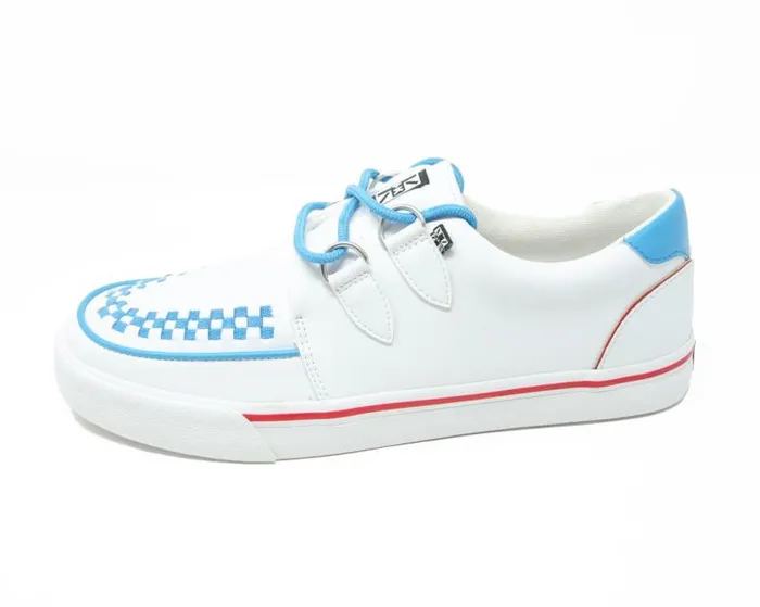 TUK Shoes Vegan Women White TUKskin Blue and Red Trim Interlace Sneaker TUK Shoes Vegan Women White TUKskin Blue and Red Trim Interlace Sneaker