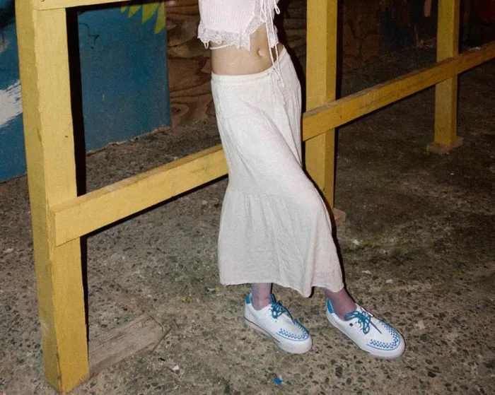 TUK Shoes Vegan Women White TUKskin Blue and Red Trim Interlace Sneaker TUK Shoes Vegan Women White TUKskin Blue and Red Trim Interlace Sneaker