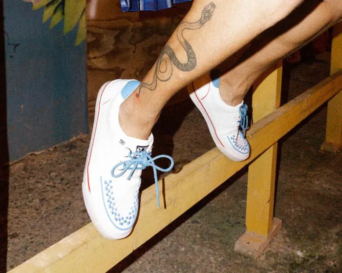 TUK Shoes Vegan Women White TUKskin Blue and Red Trim Interlace Sneaker TUK Shoes Vegan Women White TUKskin Blue and Red Trim Interlace Sneaker