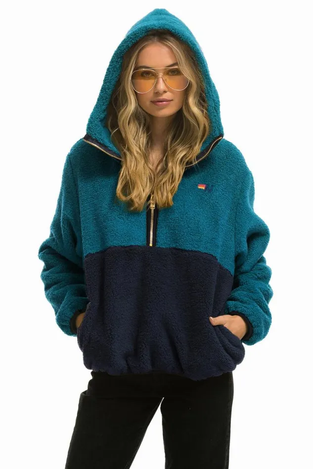 Teddy Unisex Hooded Half Zip Color Block Jacket 8211 Capri WomenMen Aviator Nation Teddy Jackets Teddy Unisex Hooded Half Zip Color Block Jacket 8211 Capri WomenMen Aviator Nation Teddy Jackets