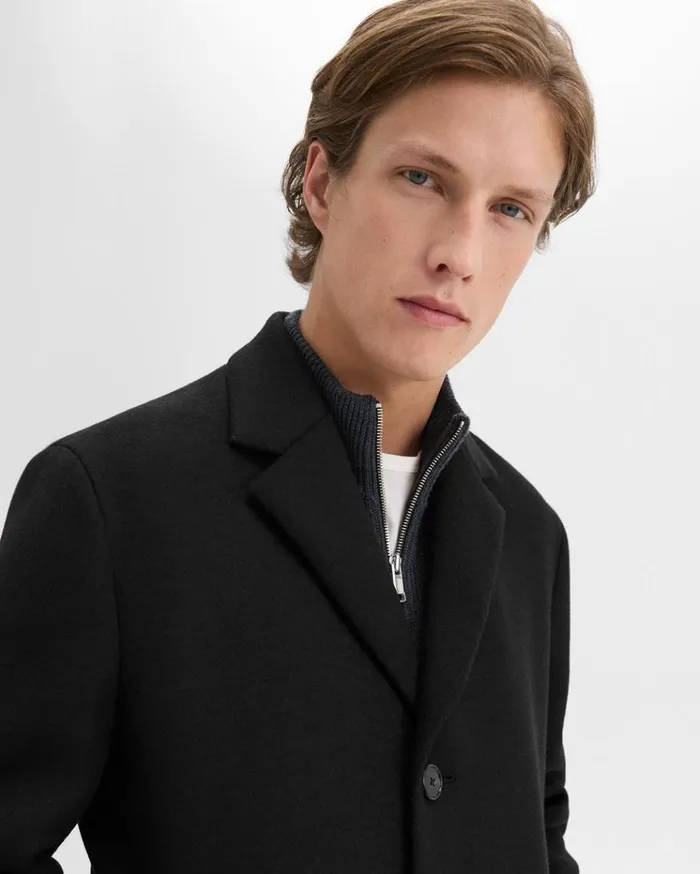Theory 3Button Topcoat In Recycled WoolBlend Melton Black Men Outerwear