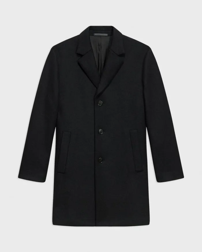 Theory 3Button Topcoat In Recycled WoolBlend Melton Black Men Outerwear