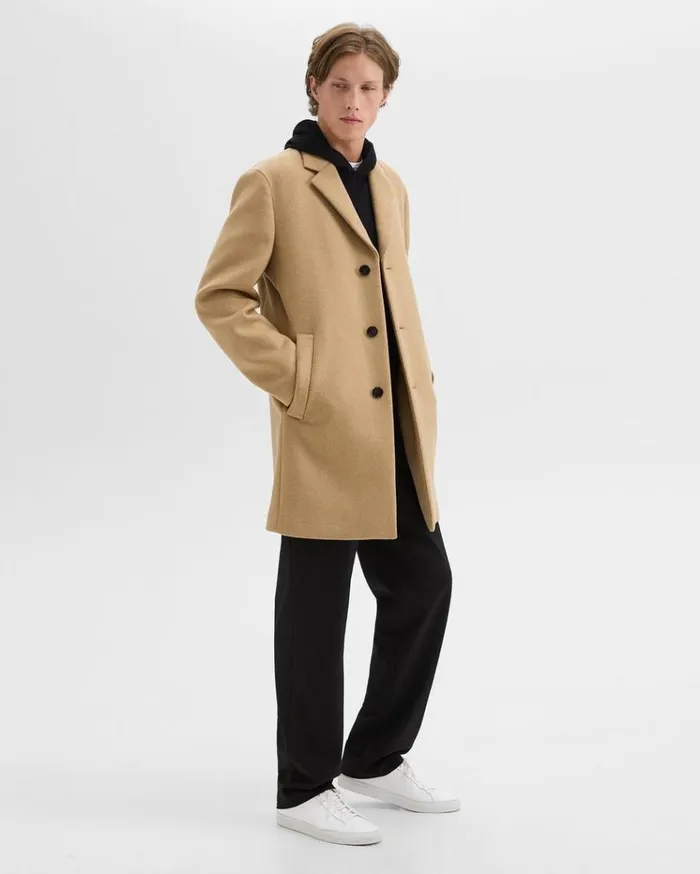 Theory 3Button Topcoat In Recycled WoolBlend Melton New Camel Men Outerwear