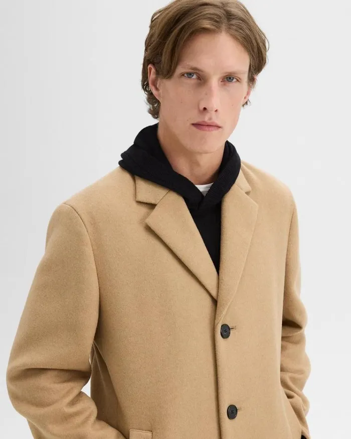 Theory 3Button Topcoat In Recycled WoolBlend Melton New Camel Men Outerwear