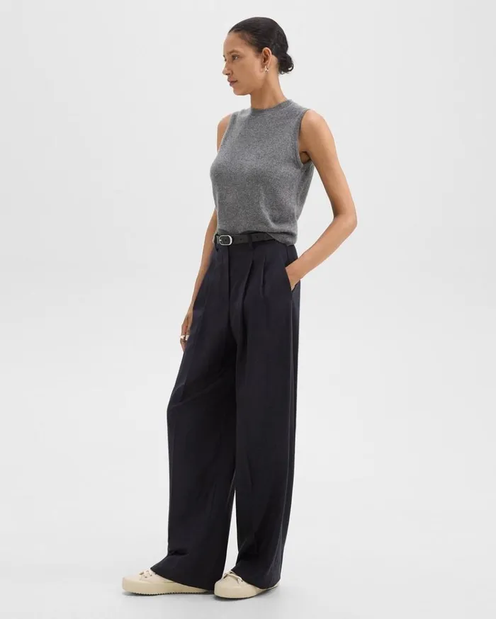 Theory Double Pleat Pant In Sleek Flannel Navy Women Pants