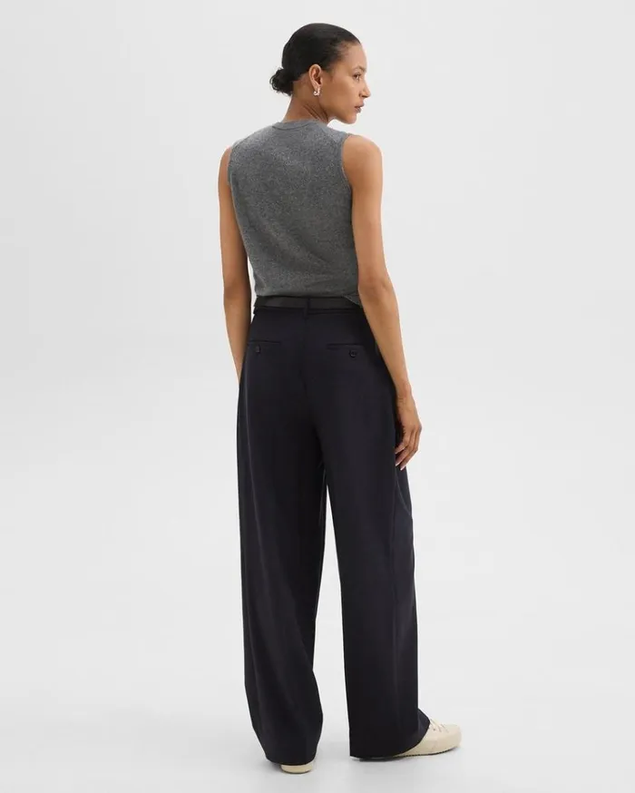 Theory Double Pleat Pant In Sleek Flannel Navy Women Pants
