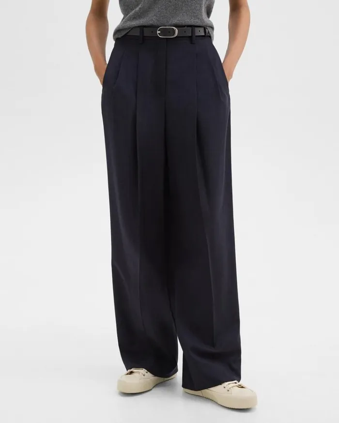 Theory Double Pleat Pant In Sleek Flannel Navy Women Pants