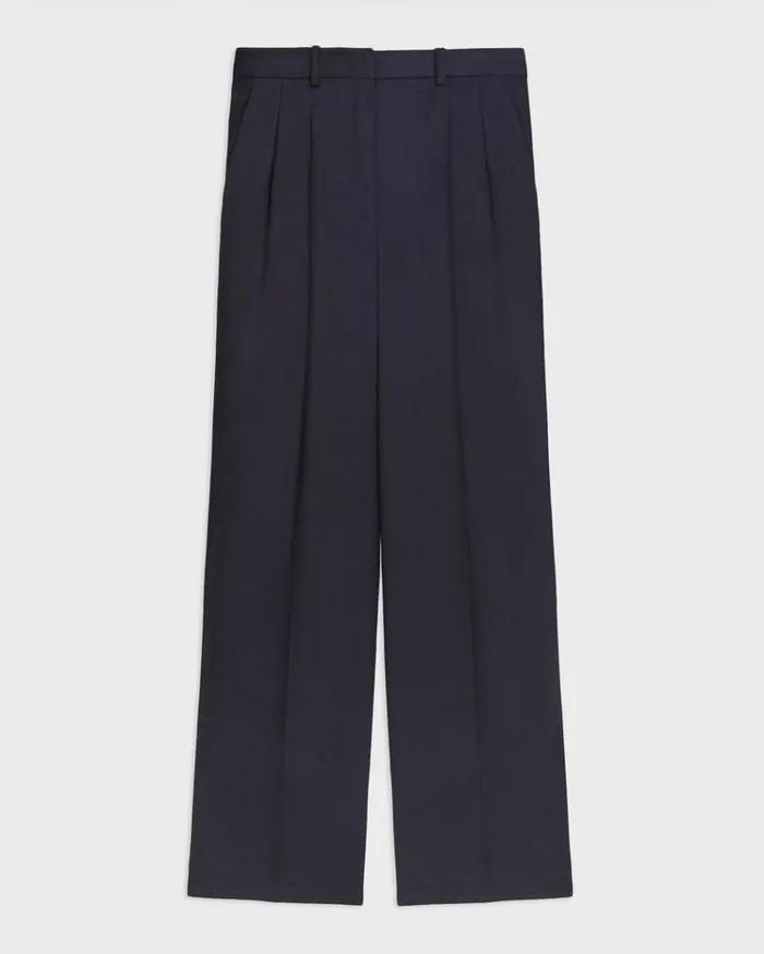 Theory Double Pleat Pant In Sleek Flannel Navy Women Pants