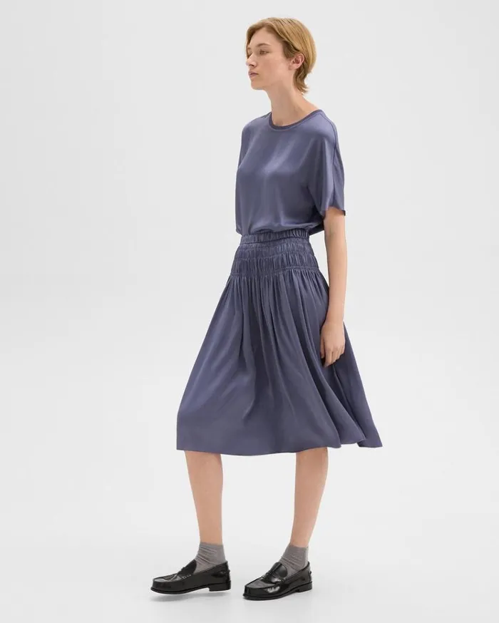 Theory Gathered Midi Skirt In Recycled Satin Aged Sapphire Women Skirts