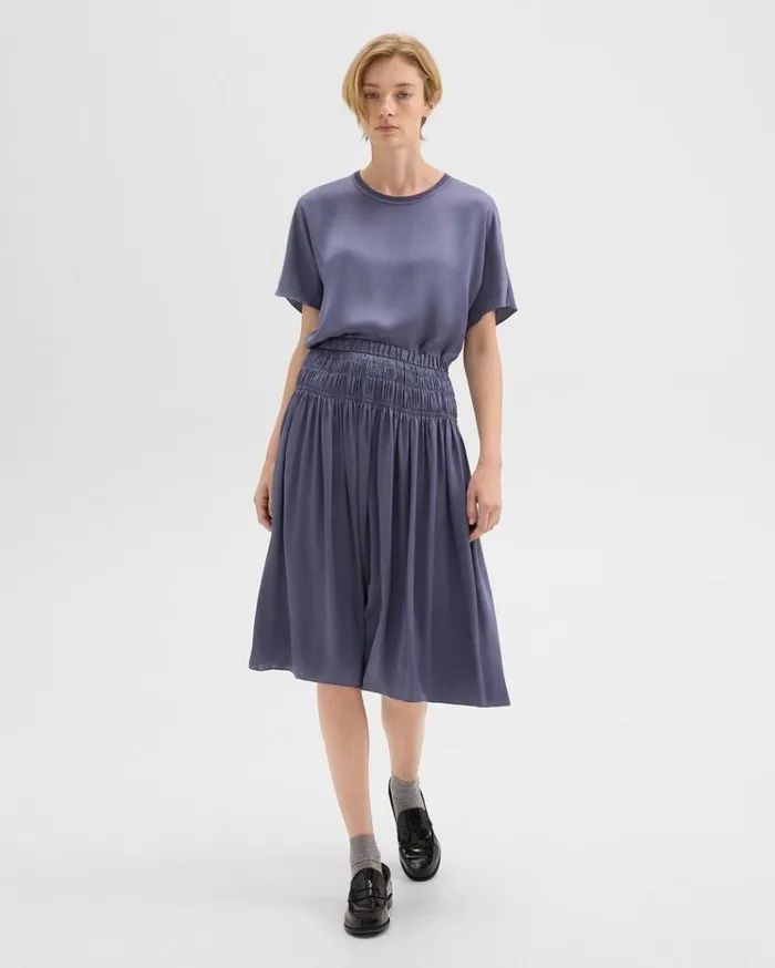 Theory Gathered Midi Skirt In Recycled Satin Aged Sapphire Women Skirts