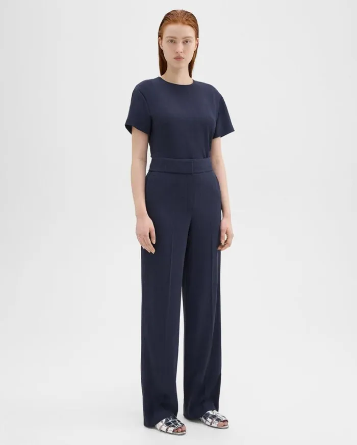 Theory HighWaist WideLeg Pant In Striped Admiral Crepe Nocturne Navy Women Pants