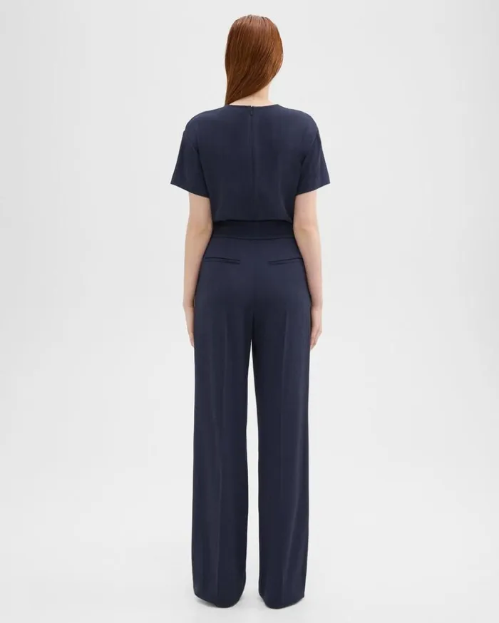 Theory HighWaist WideLeg Pant In Striped Admiral Crepe Nocturne Navy Women Pants