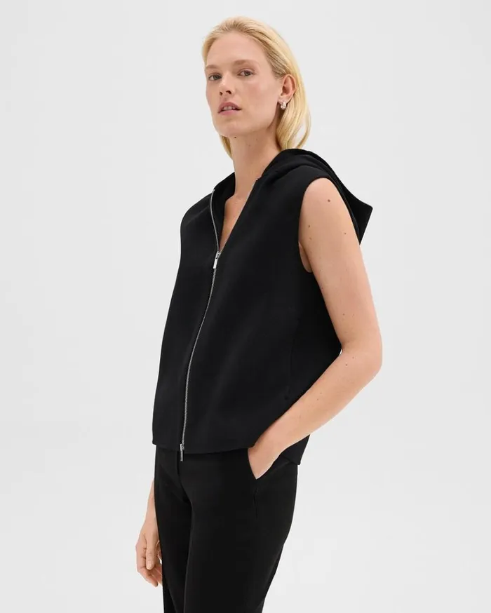 Theory Hooded ZipUp Vest In DoubleFace WoolCashmere Black Women Outerwear