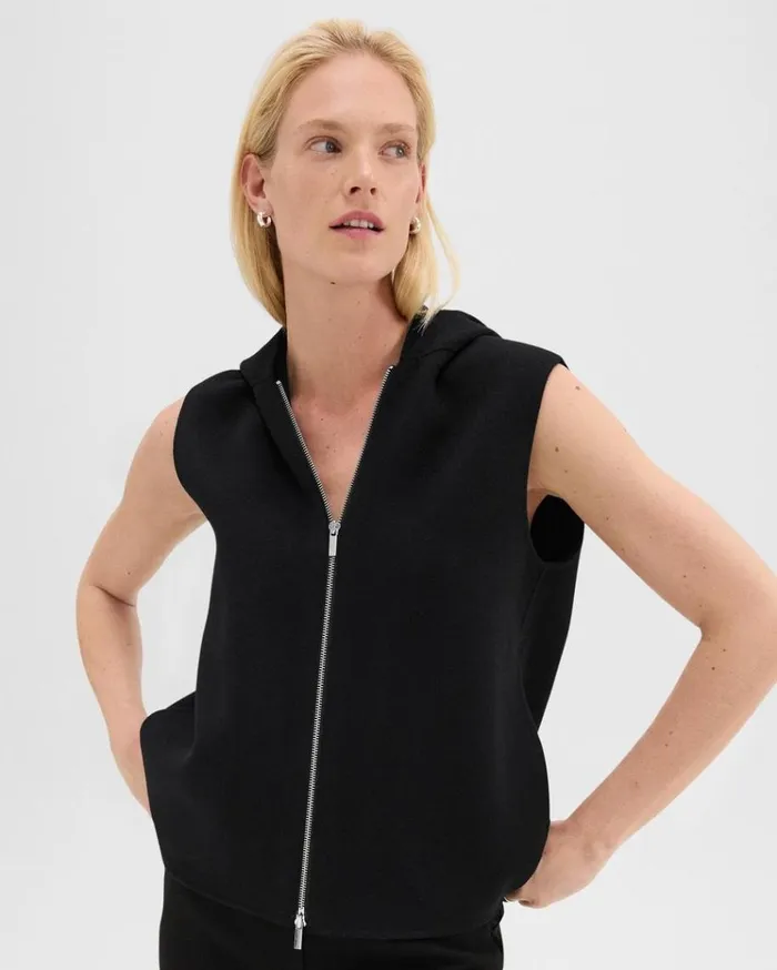 Theory Hooded ZipUp Vest In DoubleFace WoolCashmere Black Women Outerwear
