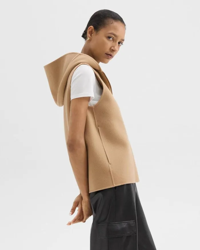 Theory Hooded ZipUp Vest In DoubleFace WoolCashmere New Camel Women Outerwear