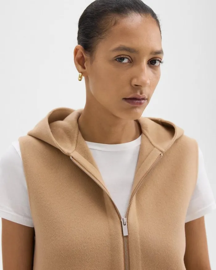 Theory Hooded ZipUp Vest In DoubleFace WoolCashmere New Camel Women Outerwear