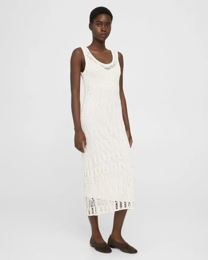 Theory Open Stitch Midi Dress In CottonBlend White Women Dresses Theory Open Stitch Midi Dress In CottonBlend White Women Dresses