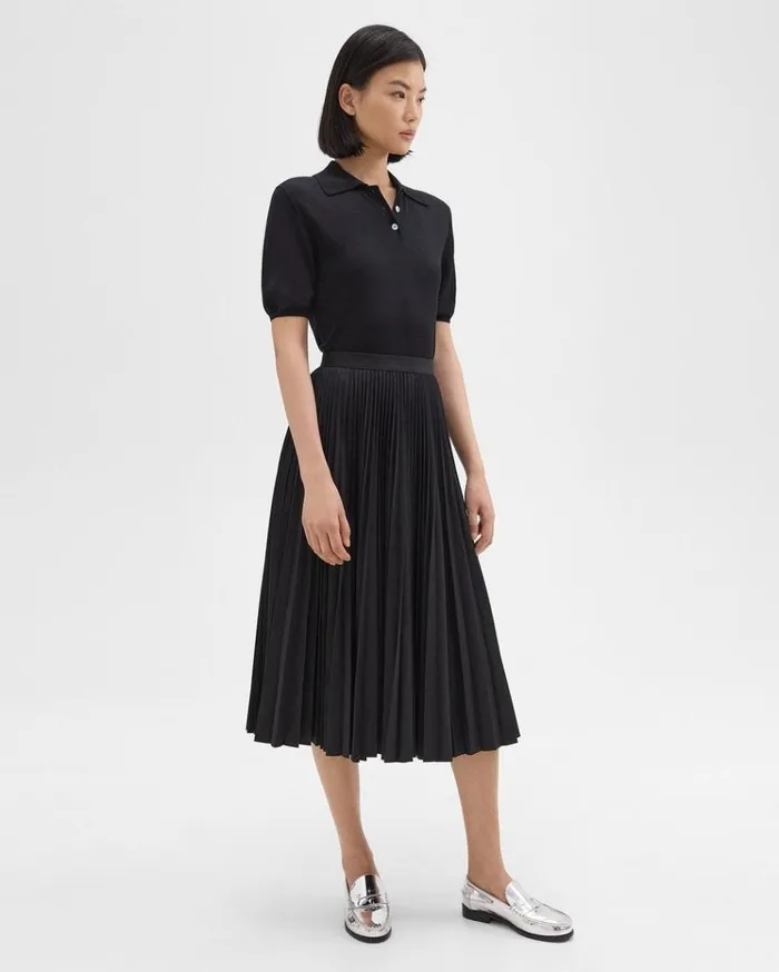 Theory Pleated Midi Skirt In Sleek Poplin Black Women Skirts Theory Pleated Midi Skirt In Sleek Poplin Black Women Skirts