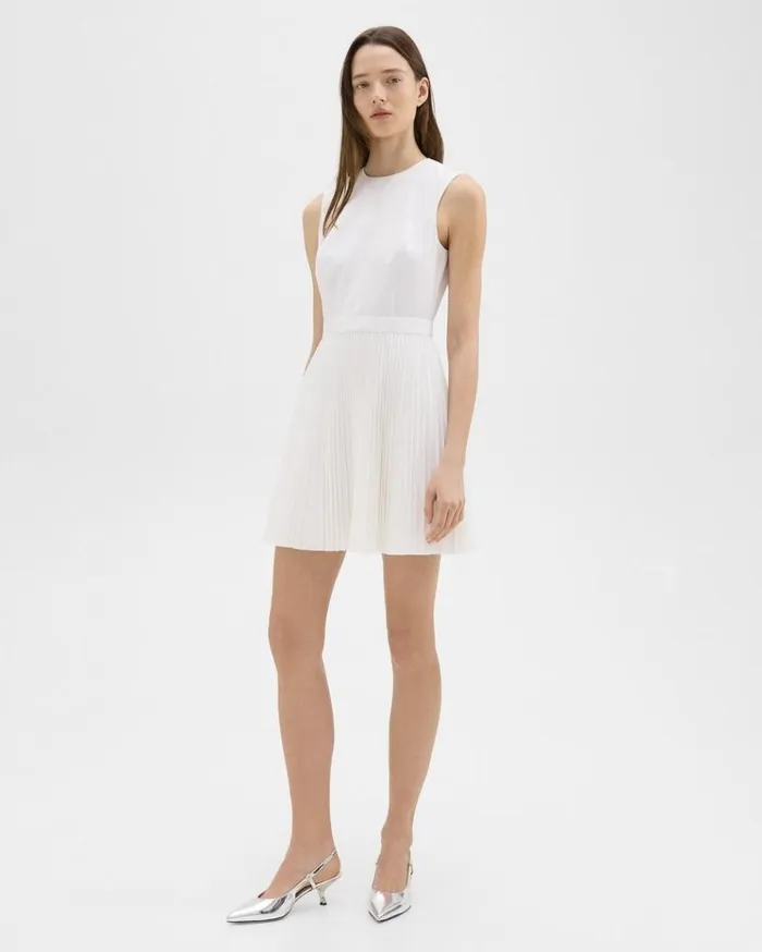 Theory Pleated Mini Dress In Sleek Poplin White Women Dresses Theory Pleated Mini Dress In Sleek Poplin White Women Dresses