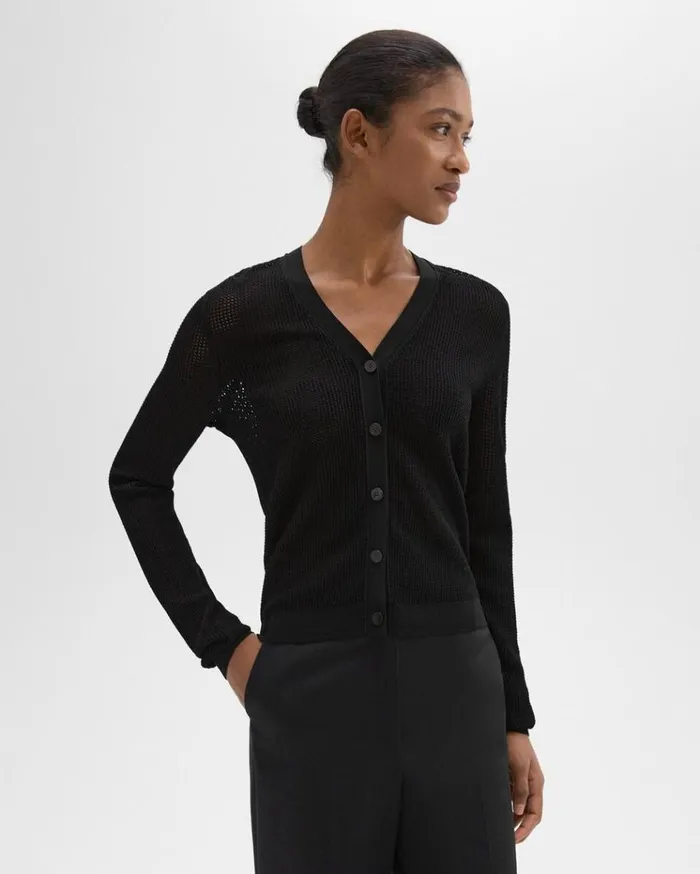 Theory Pointelle Cardigan In Crepe Knit Black Women Sweaters Cardigans Theory Pointelle Cardigan In Crepe Knit Black Women Sweaters Cardigans