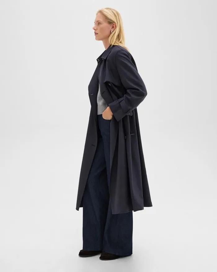 Theory Relaxed Trench Coat In Stretch Flannel Dark Navy Women Outerwear Theory Relaxed Trench Coat In Stretch Flannel Dark Navy Women Outerwear