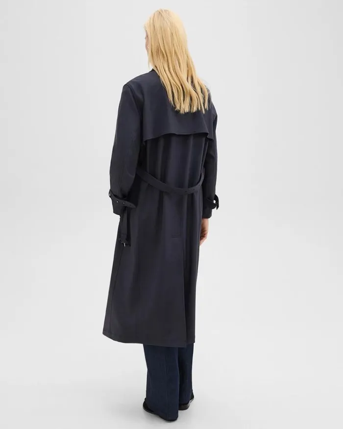 Theory Relaxed Trench Coat In Stretch Flannel Dark Navy Women Outerwear Theory Relaxed Trench Coat In Stretch Flannel Dark Navy Women Outerwear