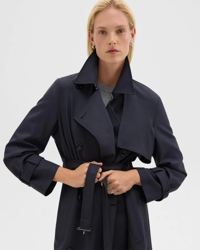 Theory Relaxed Trench Coat In Stretch Flannel Dark Navy Women Outerwear Theory Relaxed Trench Coat In Stretch Flannel Dark Navy Women Outerwear