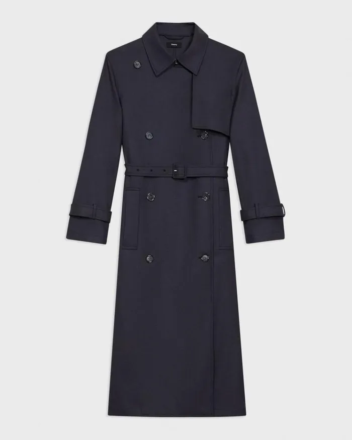 Theory Relaxed Trench Coat In Stretch Flannel Dark Navy Women Outerwear Theory Relaxed Trench Coat In Stretch Flannel Dark Navy Women Outerwear