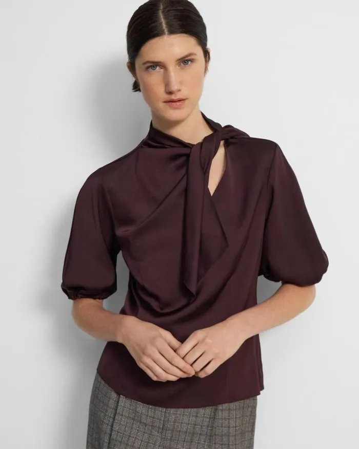 Theory Twisted Scarf Top In Recycled Satin Merlot Women Tops