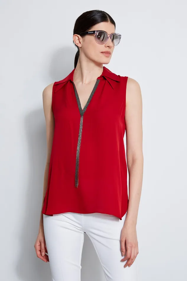 Tops Women Elie Tahari Sleeveless Silk Chain Collar Shirt SIREN