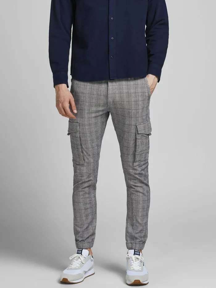 Trousers JACK and JONES Mens PAUL FLAKE CHECKED CARGO TROUSERS Grey Dark Grey Trousers JACK and JONES Mens PAUL FLAKE CHECKED CARGO TROUSERS Grey Dark Grey
