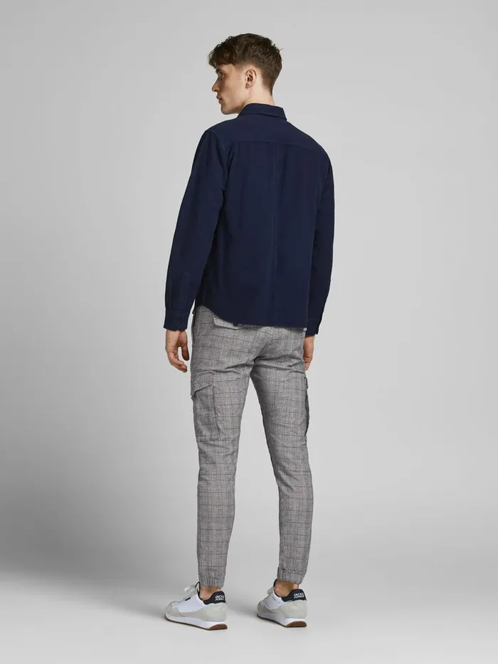 Trousers JACK and JONES Mens PAUL FLAKE CHECKED CARGO TROUSERS Grey Dark Grey