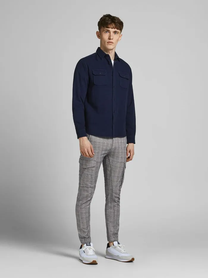 Trousers JACK and JONES Mens PAUL FLAKE CHECKED CARGO TROUSERS Grey Dark Grey