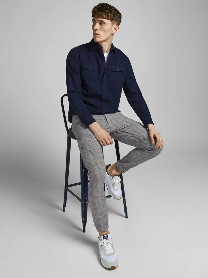 Trousers JACK and JONES Mens PAUL FLAKE CHECKED CARGO TROUSERS Grey Dark Grey