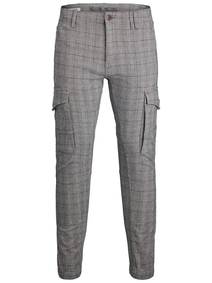 Trousers JACK and JONES Mens PAUL FLAKE CHECKED CARGO TROUSERS Grey Dark Grey