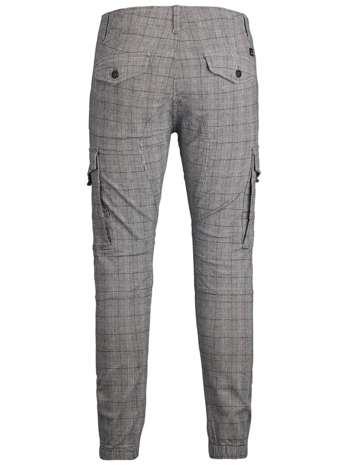 Trousers JACK and JONES Mens PAUL FLAKE CHECKED CARGO TROUSERS Grey Dark Grey