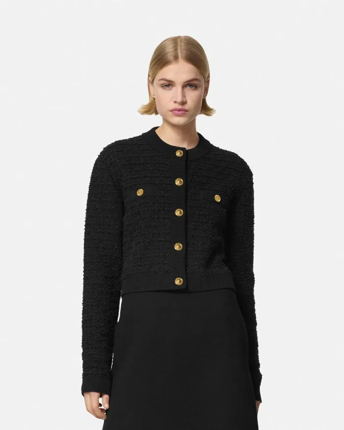 Tweed Knit Cardigan Jacket Black Women Versace Knitwear