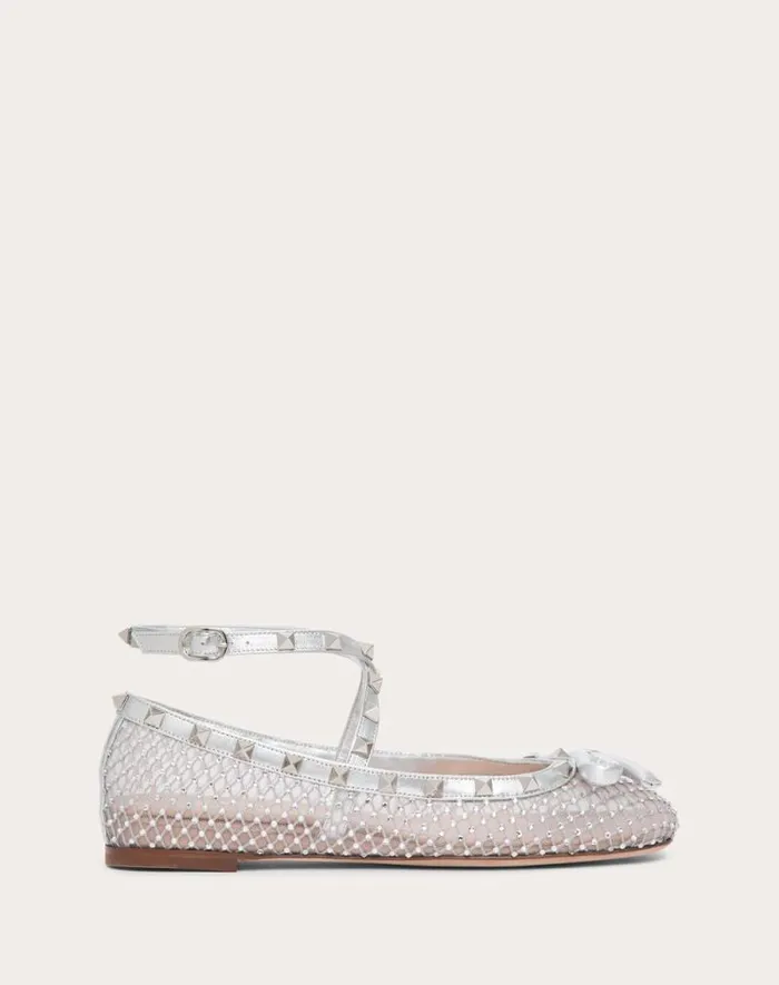 Valentino Ballerinas Woman Rockstud Mesh Ballerina With Crystals For Woman In Silver Silver Valentino Ballerinas Woman Rockstud Mesh Ballerina With Crystals For Woman In Silver Silver