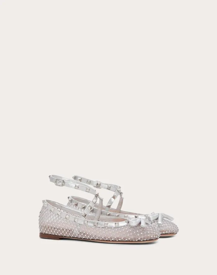 Valentino Ballerinas Woman Rockstud Mesh Ballerina With Crystals For Woman In Silver Silver Valentino Ballerinas Woman Rockstud Mesh Ballerina With Crystals For Woman In Silver Silver